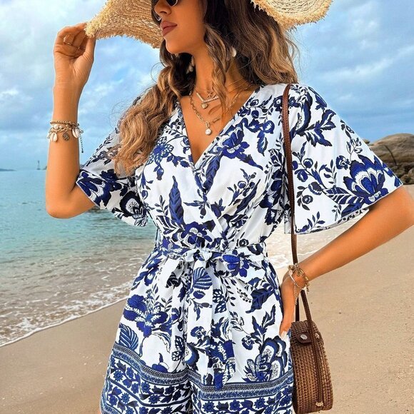 Multicolor Boho Womens Women's Plant Printed Jumpsuit - Picture 1 of 6